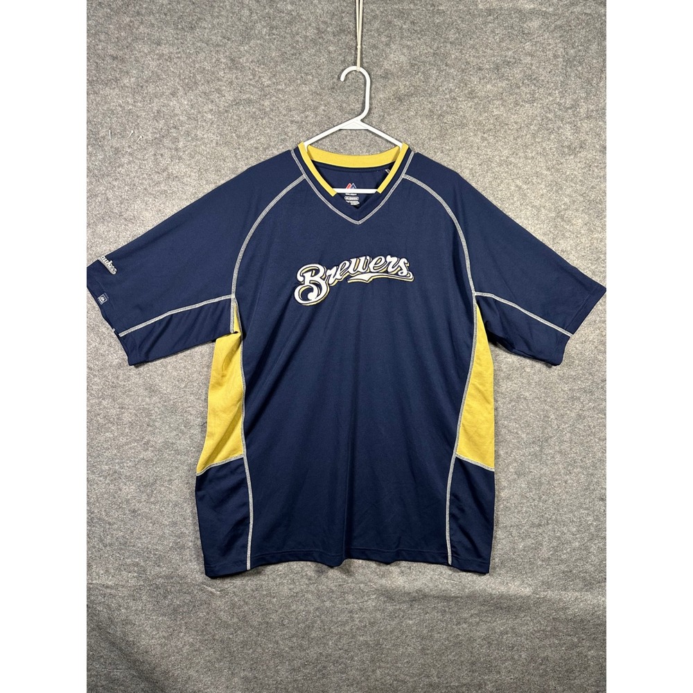 Majestic Milwaukee Brewers Baseball Jersey‎ 2XL Mens Navy Gold Short Sleeve